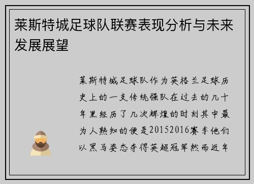 莱斯特城足球队联赛表现分析与未来发展展望