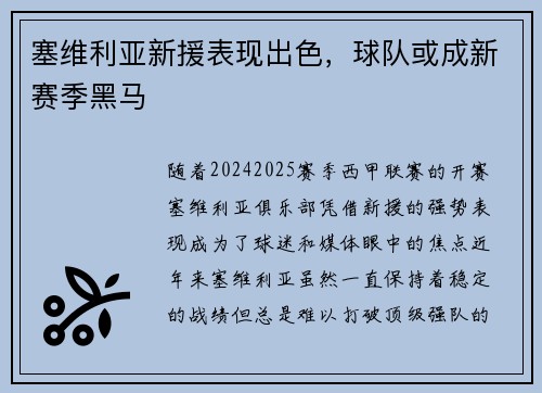 塞维利亚新援表现出色，球队或成新赛季黑马