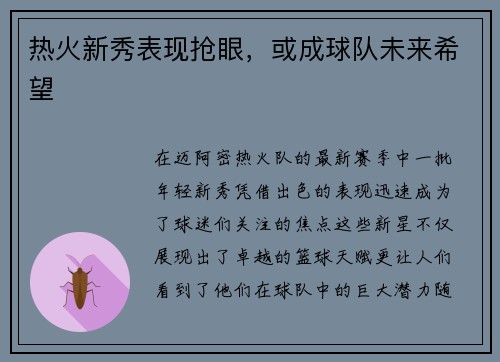 热火新秀表现抢眼，或成球队未来希望