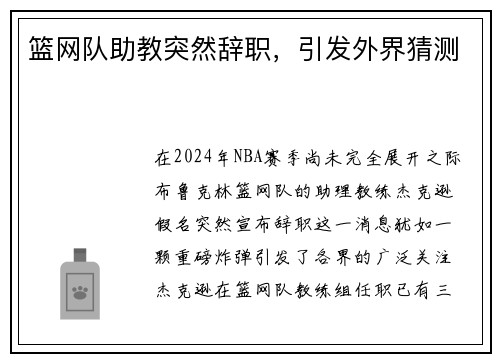 篮网队助教突然辞职，引发外界猜测